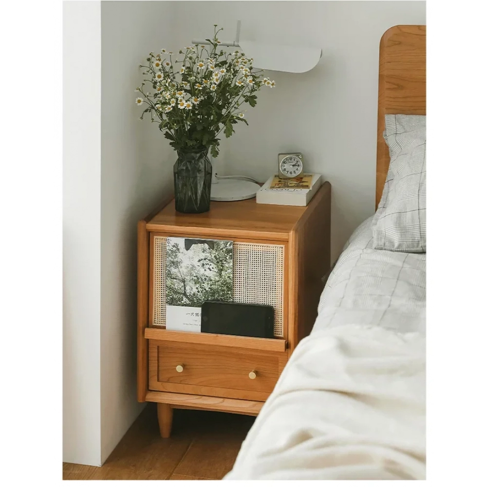 Solid Wood Japanese Bedside Table Rattan Weaving Nightstands Mini Storage Cabinet Living Room Furniture Night Stands