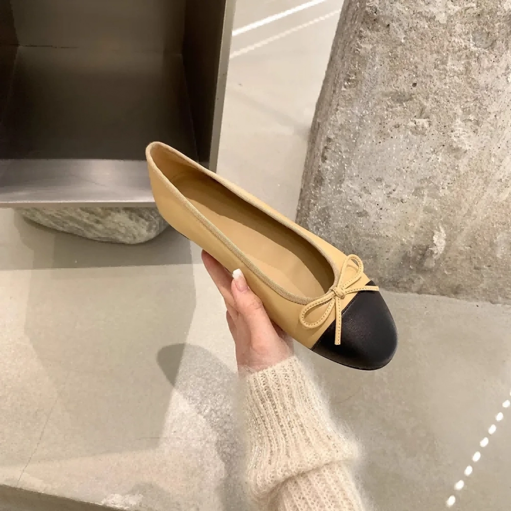 Sheepskin color butterfly shoes for women's singles, flat bottomed round toe shallow mouth shoes, ballet flat shoes for women